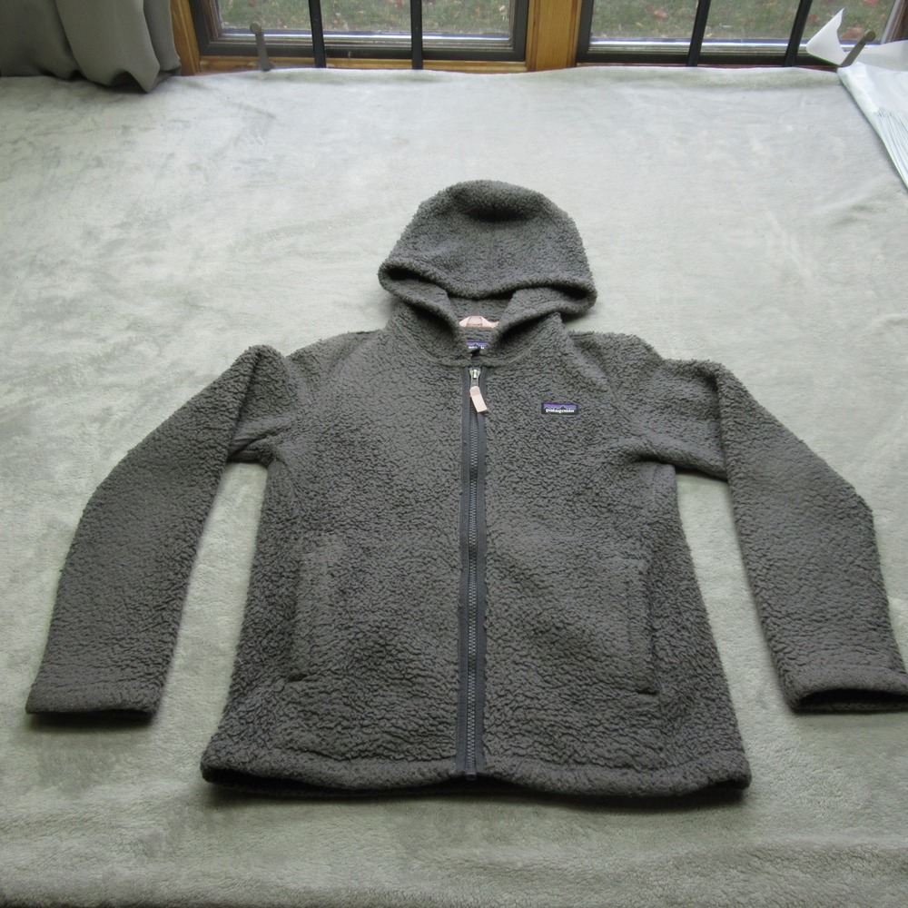 Patagonia Jacket Medium 10 Gray Kids Unisex Fleece Hooded Full Zip Fleece Pocket